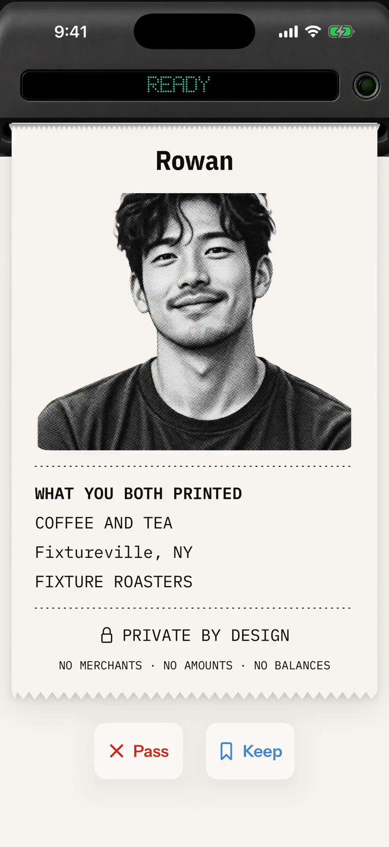 A phone printing a receipt: the status reads PRINTING, a portrait and three lifestyle signals appear, the status turns READY, and the receipt tears away.
